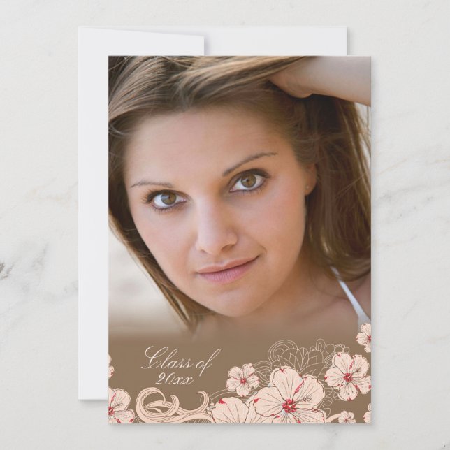 Pink + brown cherry blossom photo graduation party invitation (Front)