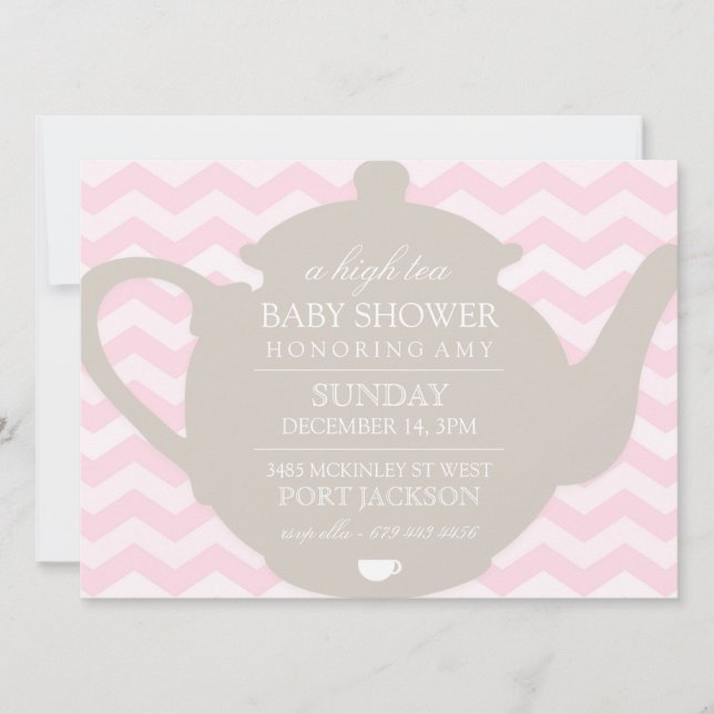 Pink & Brown Chevron High Tea Baby Shower Invite (Front)