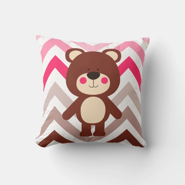 Pink & Brown Chevron Teddy Bear Throw Pillow (Front)