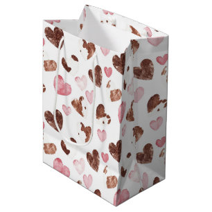 Pink Brown Cocoa Cow Print Hearts Birthday Medium Gift Bag