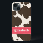 Pink Brown Cow Print iPhone 13 Case<br><div class="desc">If you love brown and white cow prints and cow spots,  you'll love this cute girly and trendy brown and cream cowhide design with a punchy pink ribbon look print that can be personalised with your name. Artwork © Chrissy H. Studios,  LLC. All Rights Reserved.</div>