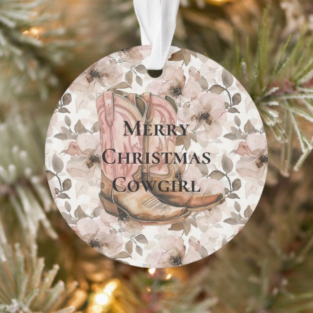 Pink Brown Cowgirl Boots Floral Christmas Ornament (Tree)