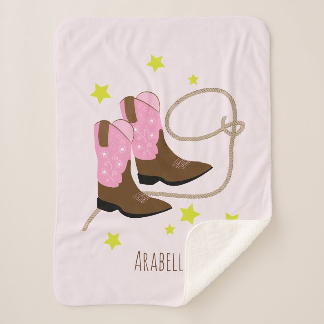 Pink & Brown Cowgirl Boots & Rope, Personalised Sherpa Blanket (Front)
