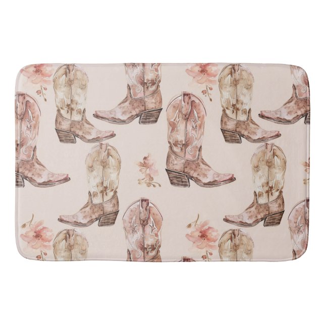 Pink Brown Cowgirl Southwestern Boots Floral Bath Mat (Front)