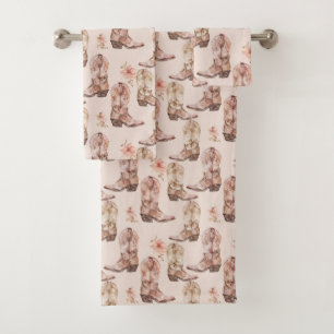 Pink Brown Cowgirl Southwestern Boots Floral Bath Towel Set