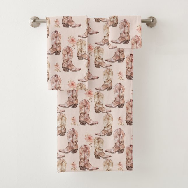 Pink Brown Cowgirl Southwestern Boots Floral Bath Towel Set (Insitu)