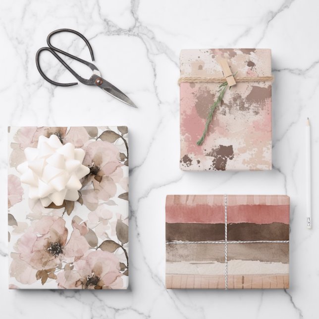 Pink Brown Cowgirl Southwestern Floral Birthday Wrapping Paper Sheet (Front)