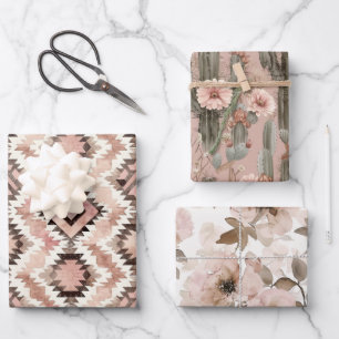 Pink Brown Cowgirl Southwestern Floral Birthday Wrapping Paper Sheet