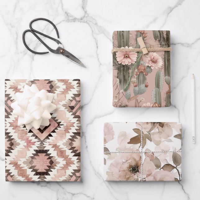 Pink Brown Cowgirl Southwestern Floral Birthday Wrapping Paper Sheet (Front)