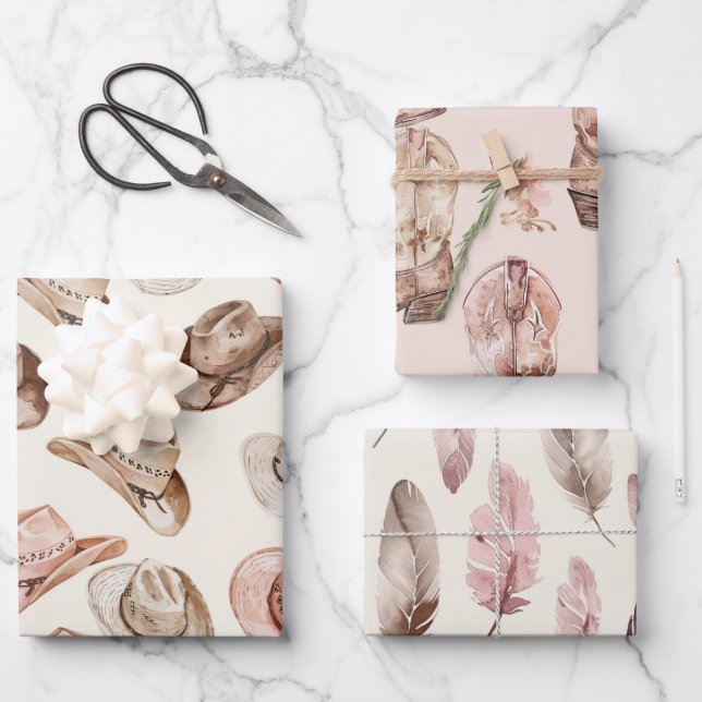 Pink Brown Cowgirl Southwestern Hat Boots Birthday Wrapping Paper Sheet (Front)