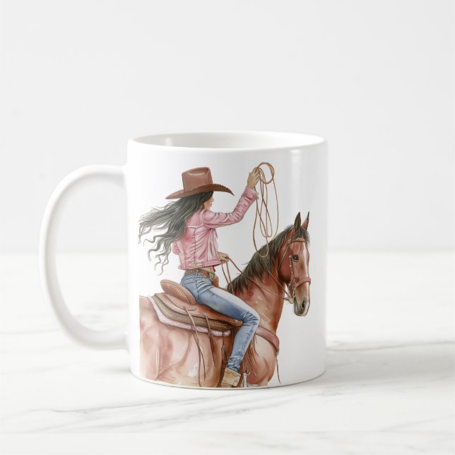 Pink Brown Cowgirl Southwestern Horse Black Hair Coffee Mug (Left)