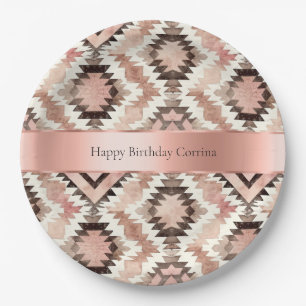 Pink Brown Cowgirl Southwestern Tribal Birthday Paper Plate