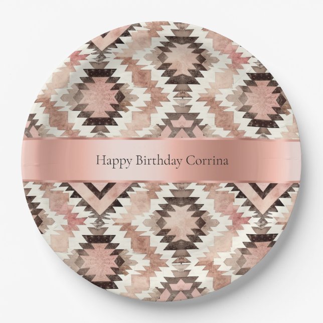 Pink Brown Cowgirl Southwestern Tribal Birthday Paper Plate (Front)