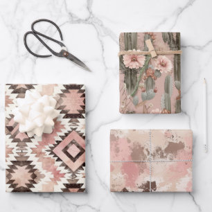 Pink Brown Cowgirl Southwestern Tribal Birthday Wrapping Paper Sheet