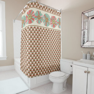 Pink Brown Cream Geometric Retro Squares Flowers Shower Curtain