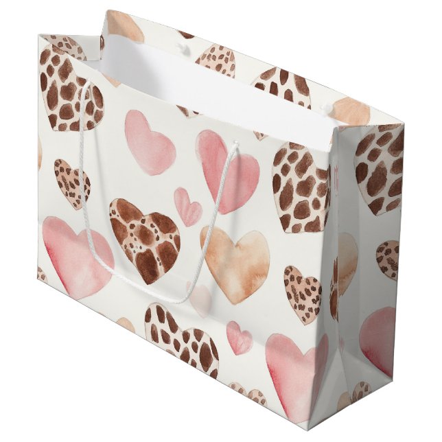 Pink Brown Cream Leopard Animal Hearts Birthday Large Gift Bag (Front Angled)