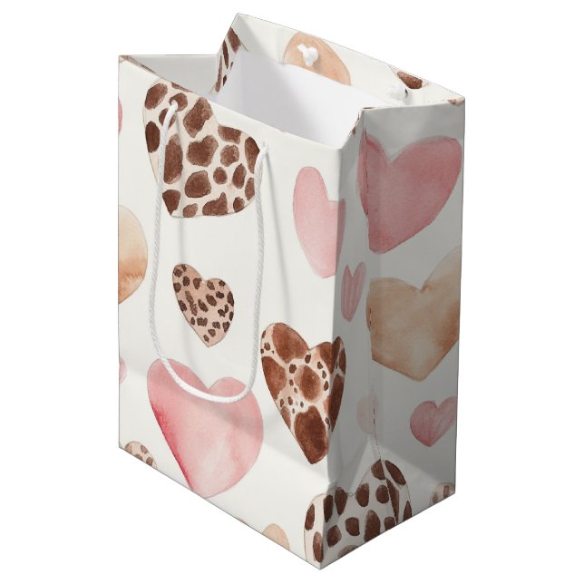 Pink Brown Cream Leopard Animal Hearts Birthday Medium Gift Bag (Front Angled)