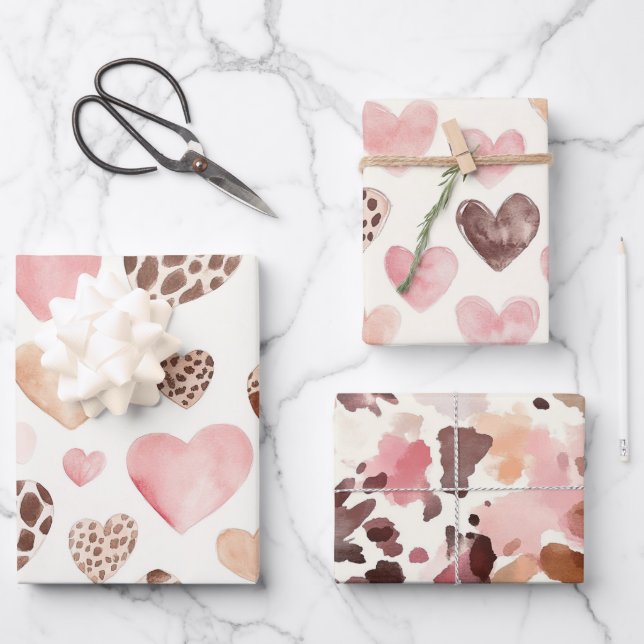 Pink Brown Cream Leopard Animal Hearts Birthday Wrapping Paper Sheet (Front)