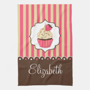 Pink & Brown Cute Cupcake With Custom Name Tea Towel