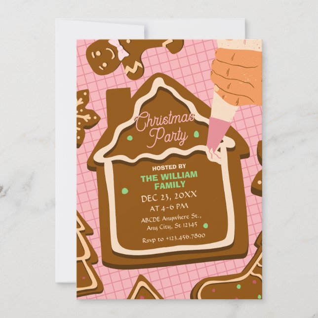 Pink brown cute Gingerbread christmas party Invitation (Front)
