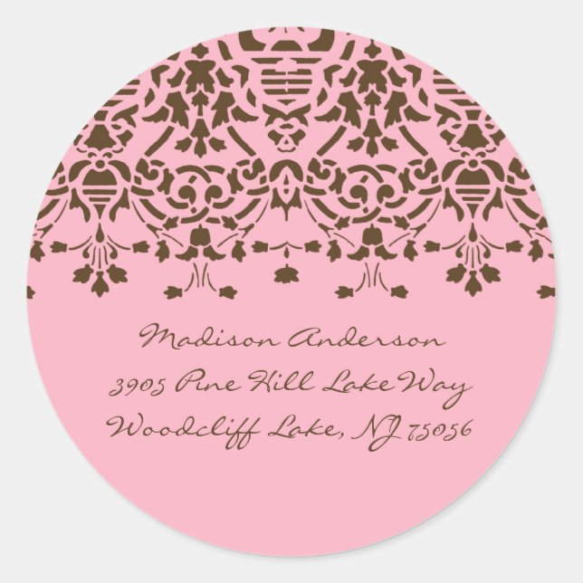 Pink & Brown Damask Address Label (Front)