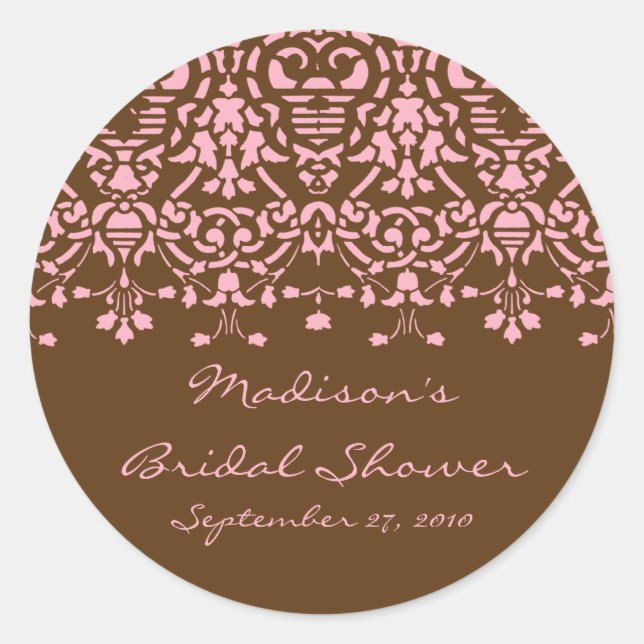 Pink & Brown Damask Bride Shower Sticker (Front)