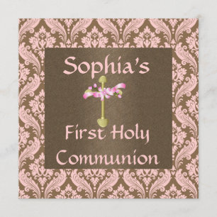 pink & brown DAMASK Holy Communion INVITATIONS