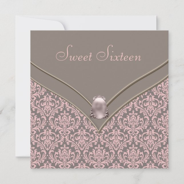 Pink Brown Damask Sweet 16 Party Invitation (Front)