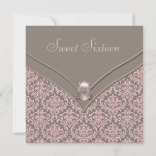 Pink Brown Damask Sweet 16 Party Invitation