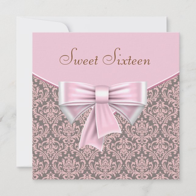 Pink Brown Damask Sweet 16 Party Invitation (Front)
