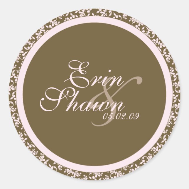 Pink & Brown Damask TEMPLATE Classic Round Sticker (Front)