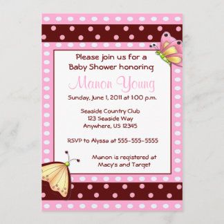 Pink Brown Dot Butterfly Baby Shower Invitation