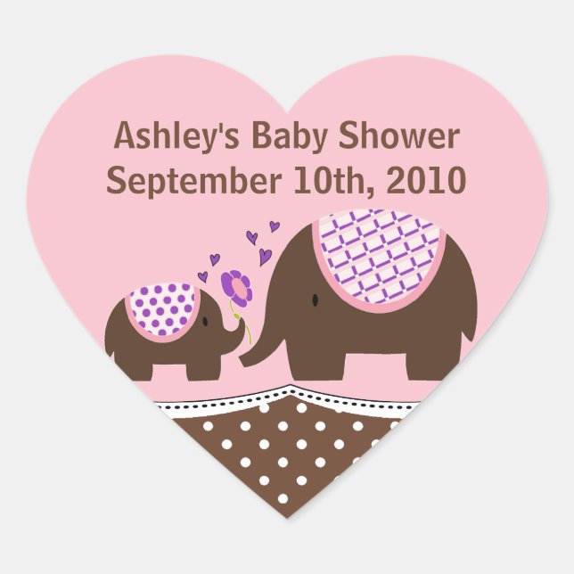 Pink & Brown Elephant Baby Shower Heart Sticker (Front)
