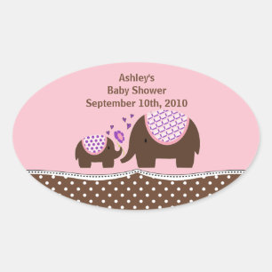 Pink & Brown Elephant Baby Shower Oval Sticker