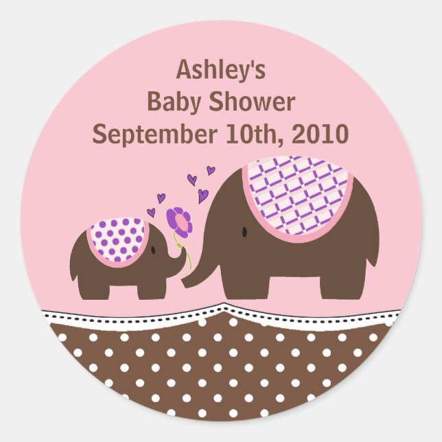 Pink & Brown Elephant Baby Shower Sticker (Front)