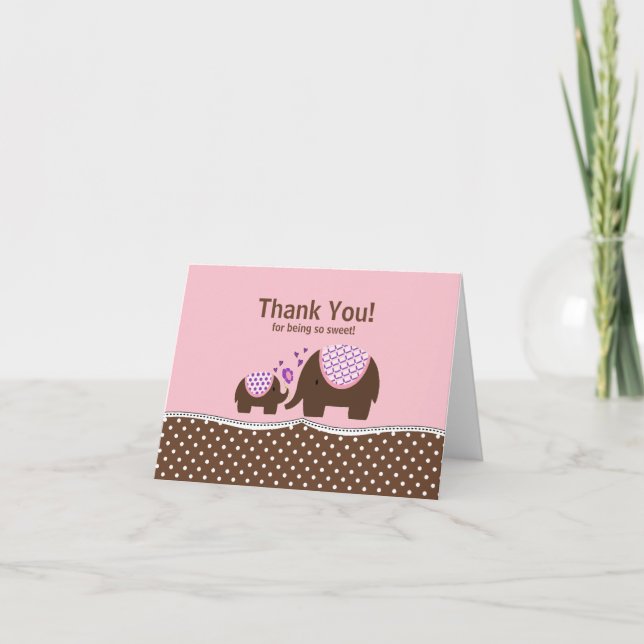 Pink & Brown Elephant Thank You Note Card (Front)