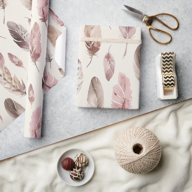 Pink Brown Feathers Birthday Wrapping Paper (Crafts)