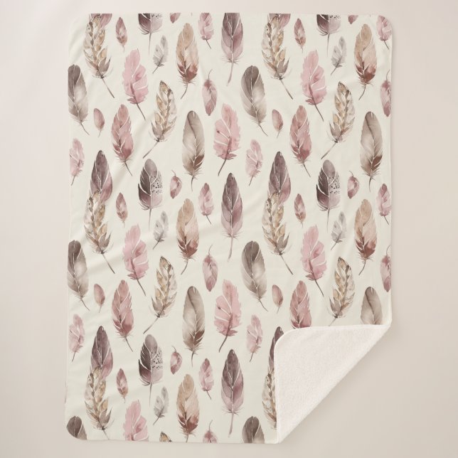 Pink Brown Feathers  Sherpa Blanket (Front)