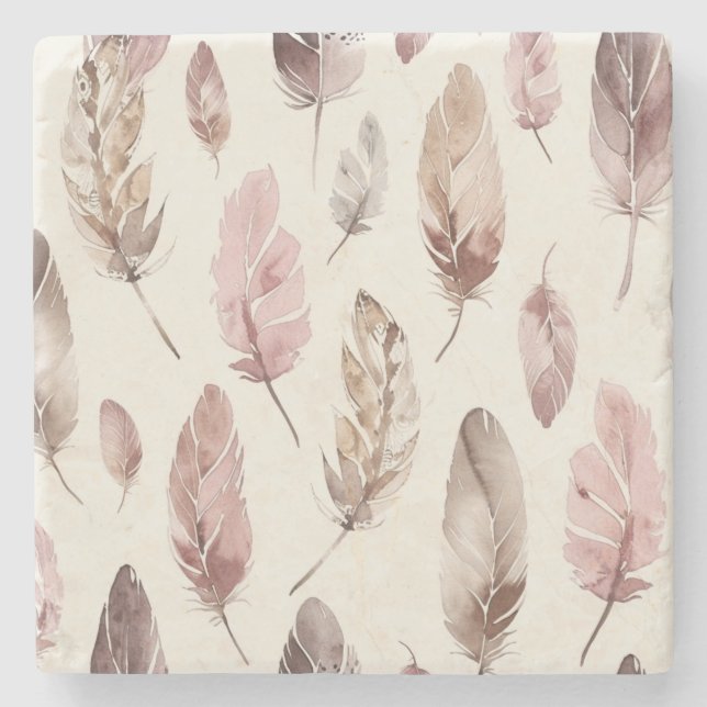 Pink Brown Feathers  Stone Coaster (Front)