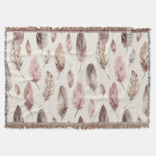 Pink Brown Feathers  Throw Blanket