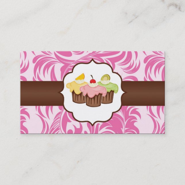 Pink & Brown Floral Cup Cake Bakery Business Card (Front)