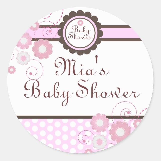 Pink & Brown Floral Design Baby Shower Sticker (Front)