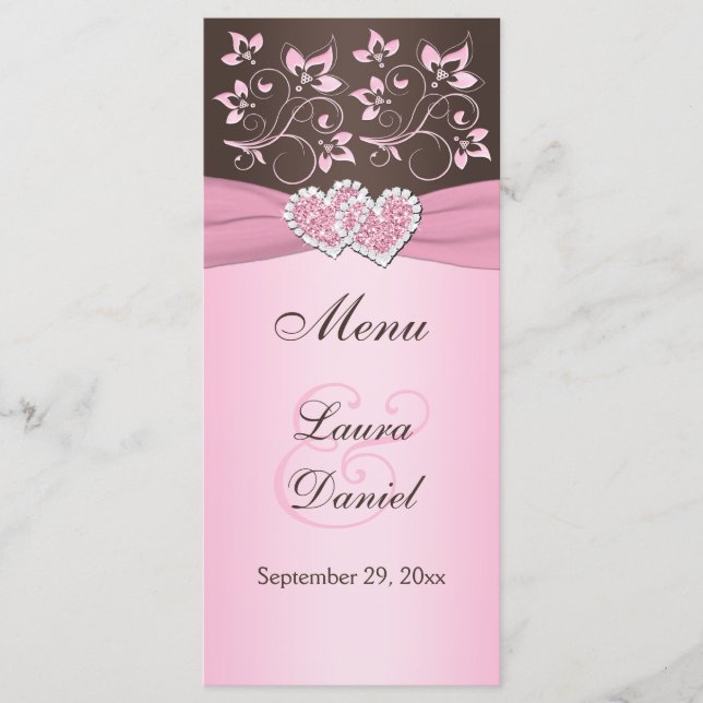 Pink, Brown Floral, Hearts Menu Card (Front)