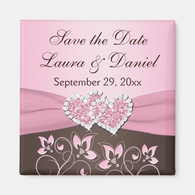 Pink, Brown Floral, Hearts Save the Date Wedding Magnet (Front)