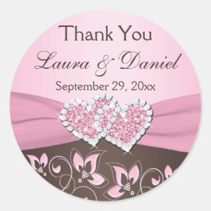 Pink, Brown Floral, Hearts Wedding Favour Sticker