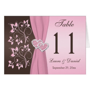 Pink, Brown Floral Joined Hearts Table Number Card