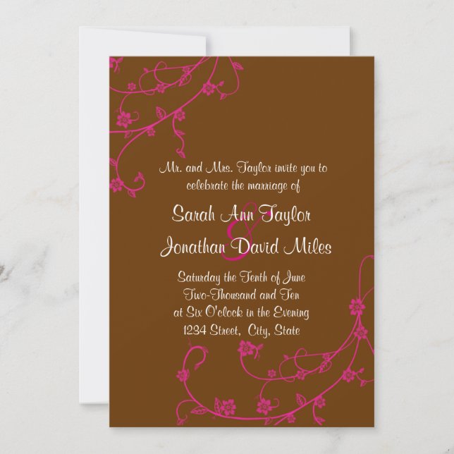 Pink & Brown Floral Swirl Wedding Invitation (Front)