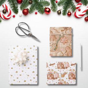 Pink Brown Gingerbread Men House Stars Cinnamon Wrapping Paper Sheet