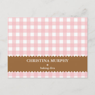 Pink brown gingham lined custom name recipe card