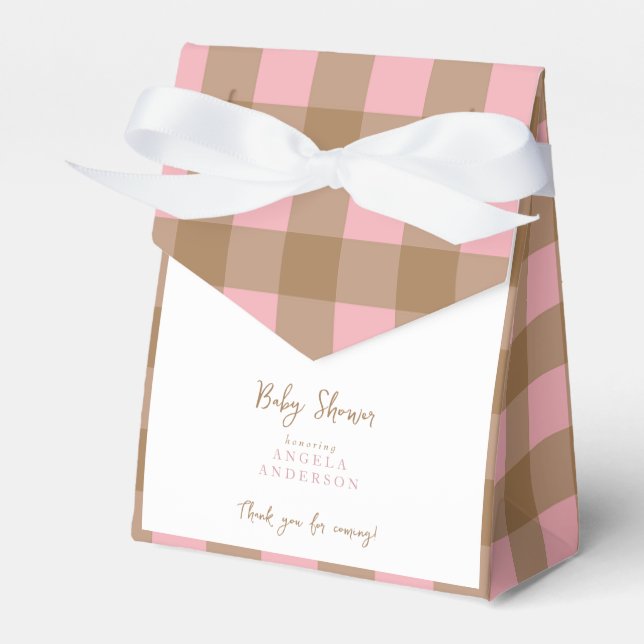 Pink & Brown Gingham Shower Thank You Favour Box (Front Side)